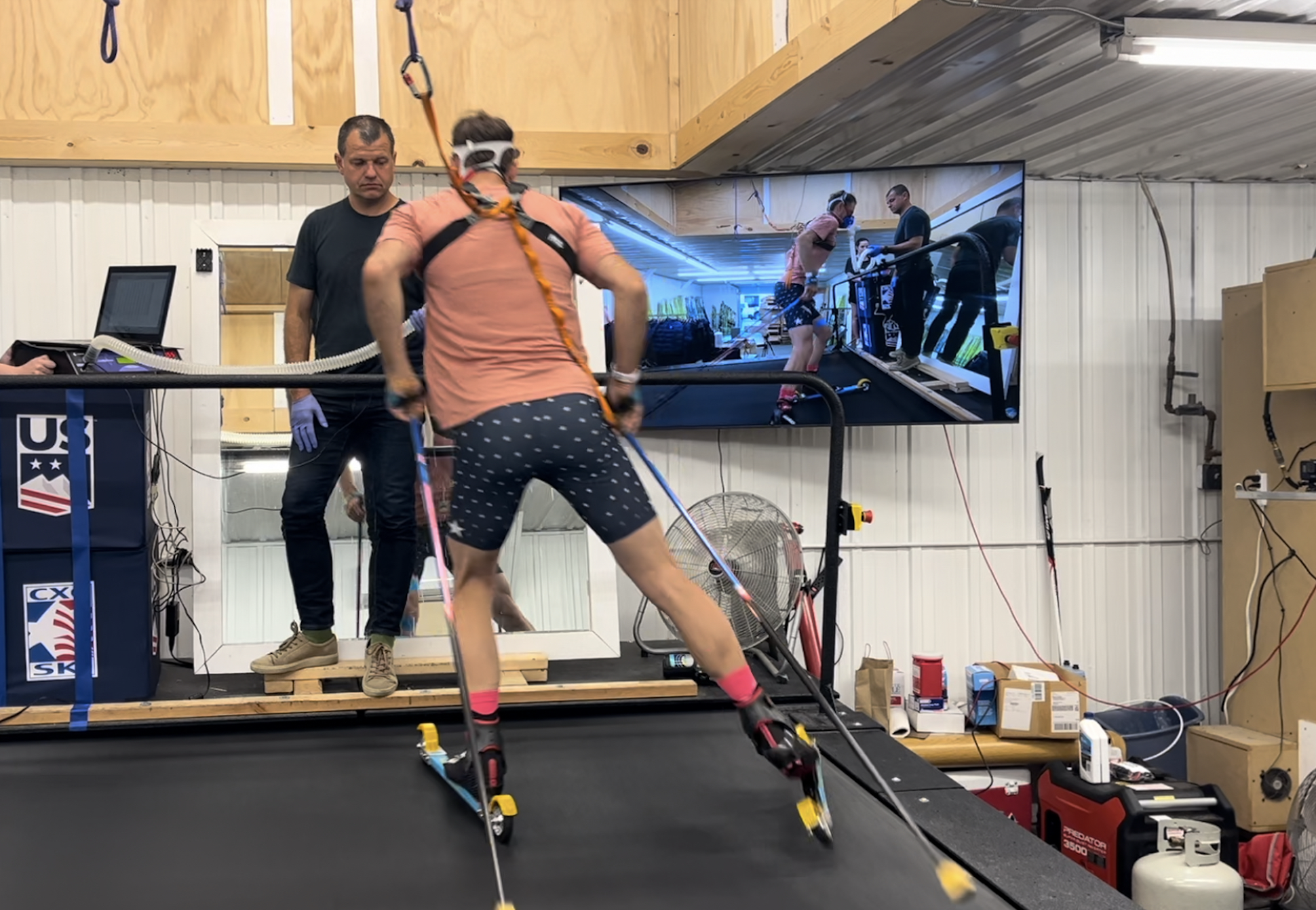 Paul Schommer performing a VO2 test on the rollerski treadmill at Pioneer Midwest