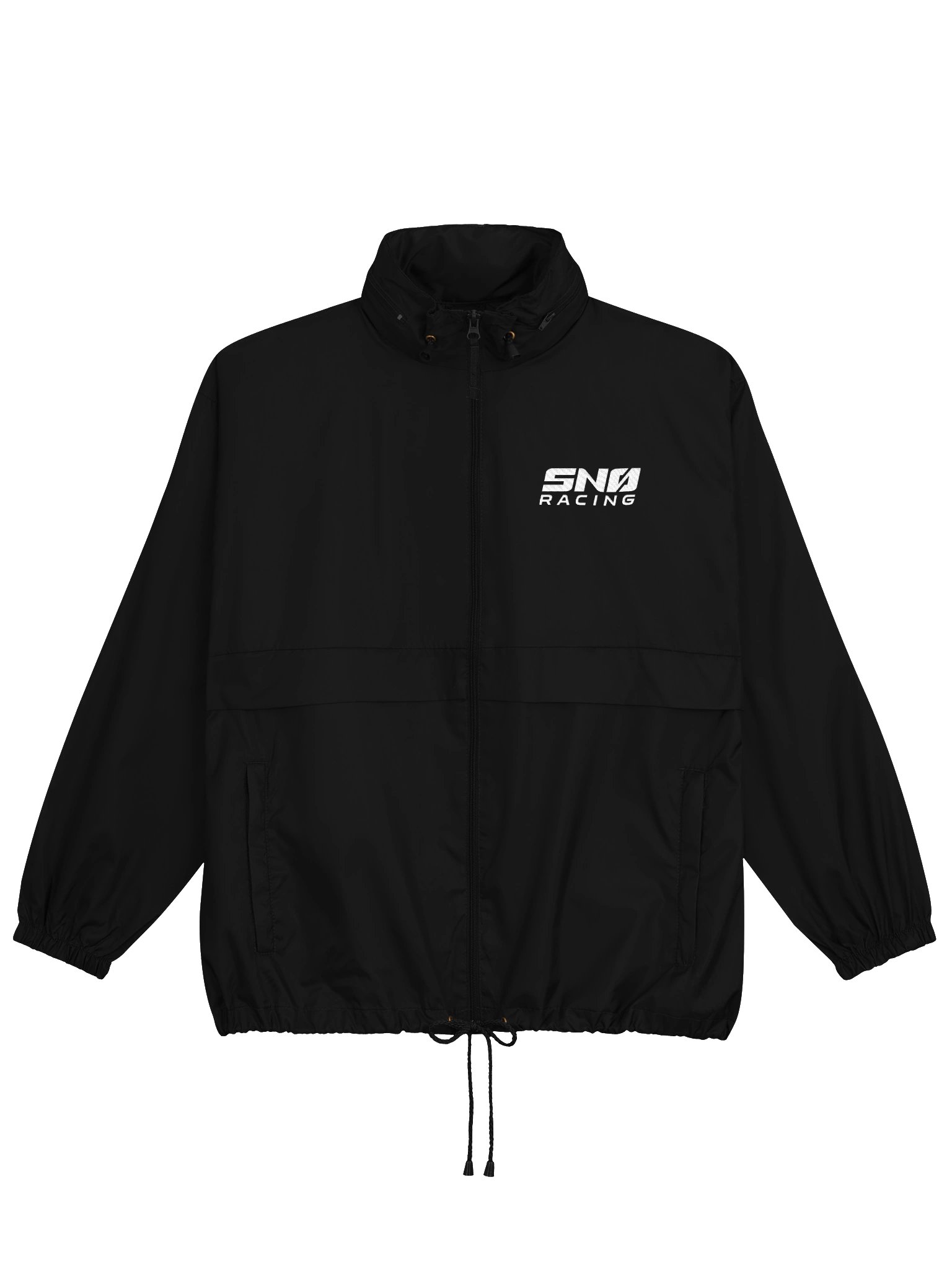 Black Snø Racing windbreaker jacket with white embroidered chest logo