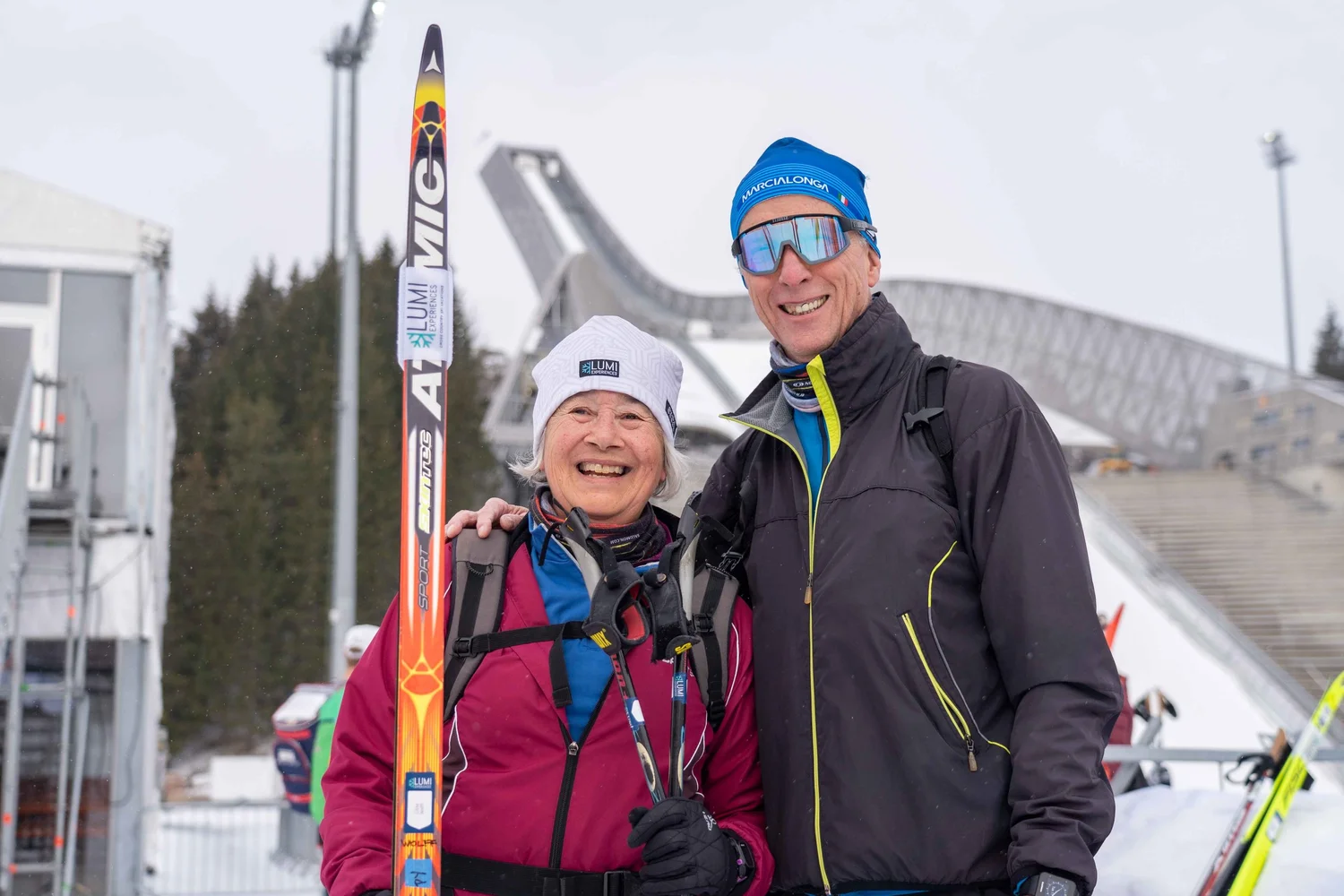 Two Lumi skiers at the Holmenkollen ski jump in Oslo, Norway