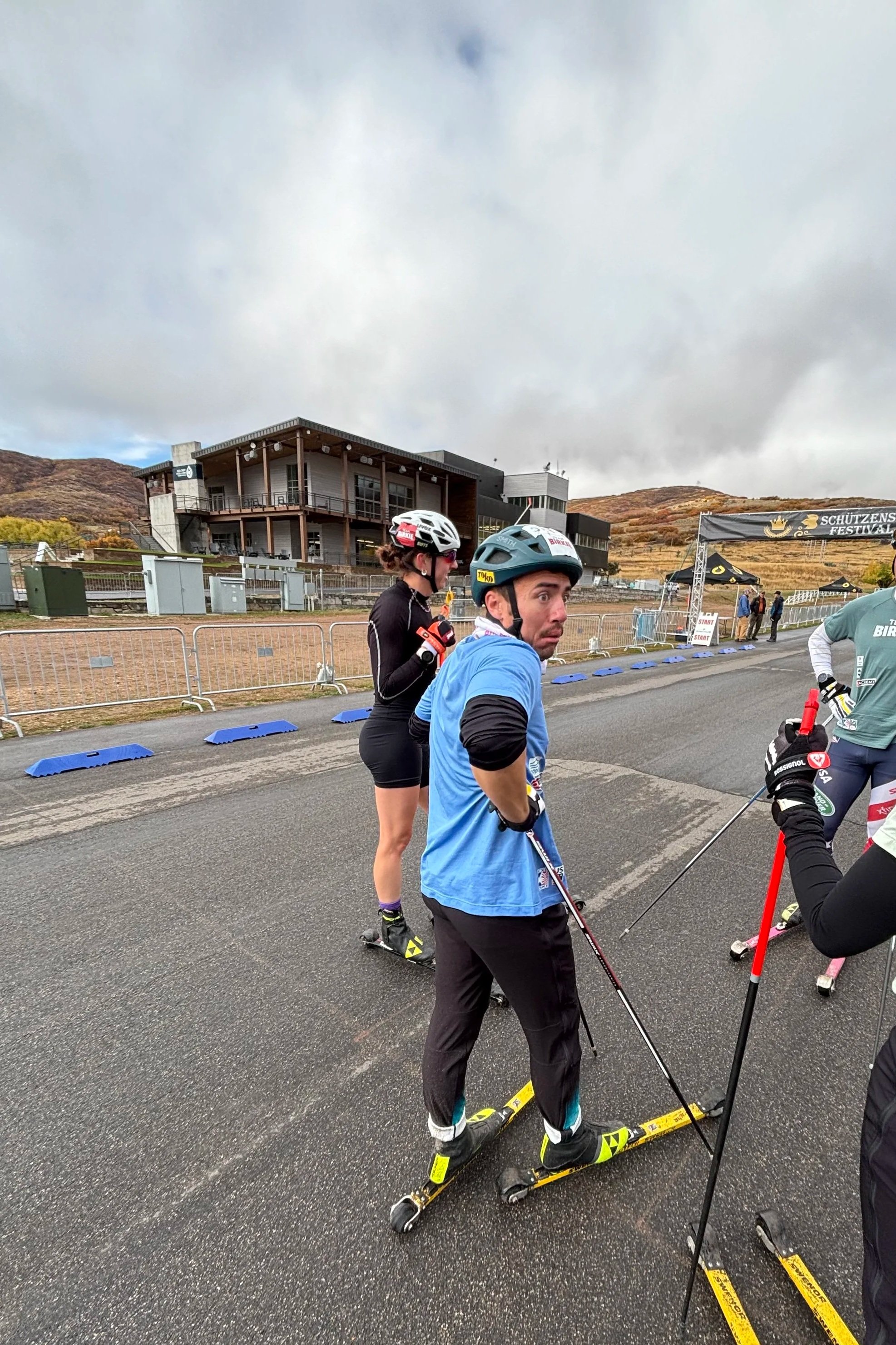 Roller skiers preparing at an event
